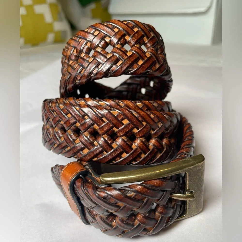 Vintage Braided Woven Brown Genuine Leather Belt Brass Square Buckle Mens Sz 38